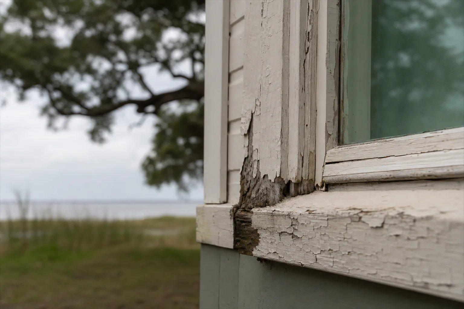 Cracked peeling paint and softened wood at the corner of an exterior window sill, an early sign of wood rot