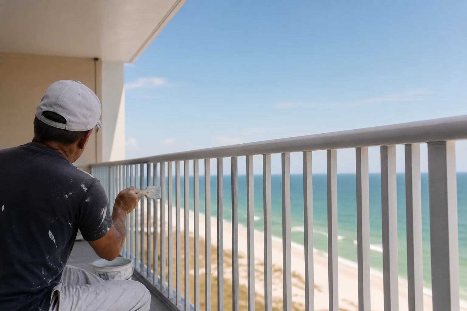 Condo balcony railing painting on a Gulf-front building in Orange Beach AL with the beach visible beyond