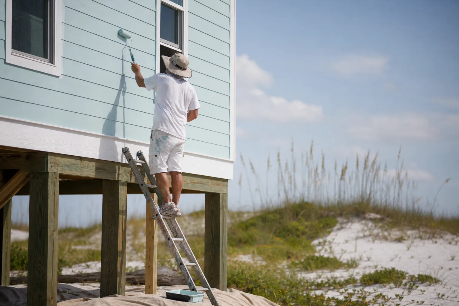 Painter applying durable exterior finish to an elevated piling beach home in Gulf Shores, AL, illustrating the cost to paint a house in Gulf Shores