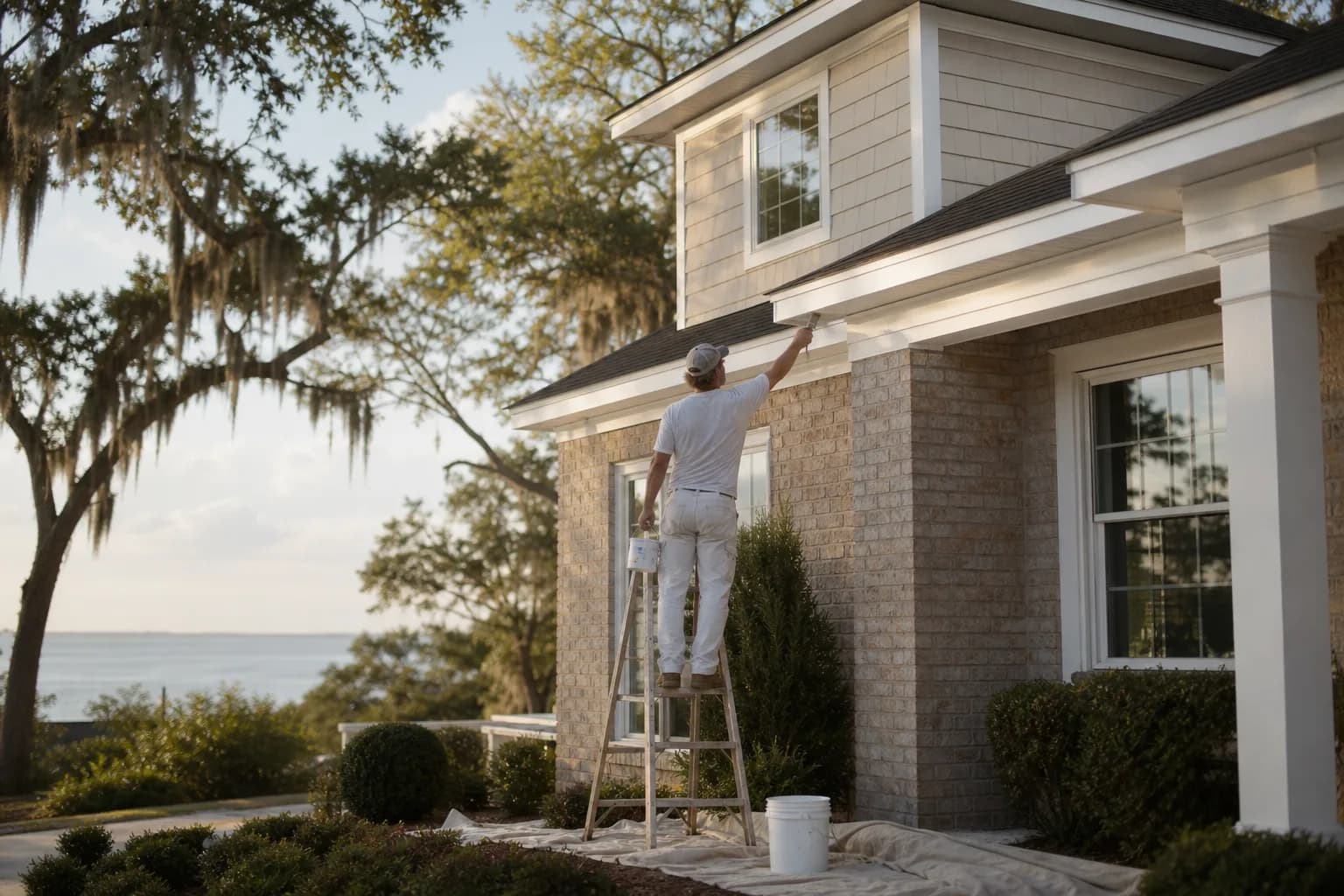 Painter cutting in trim on a large two-story home in Spanish Fort, AL, illustrating the cost to paint a house in Spanish Fort