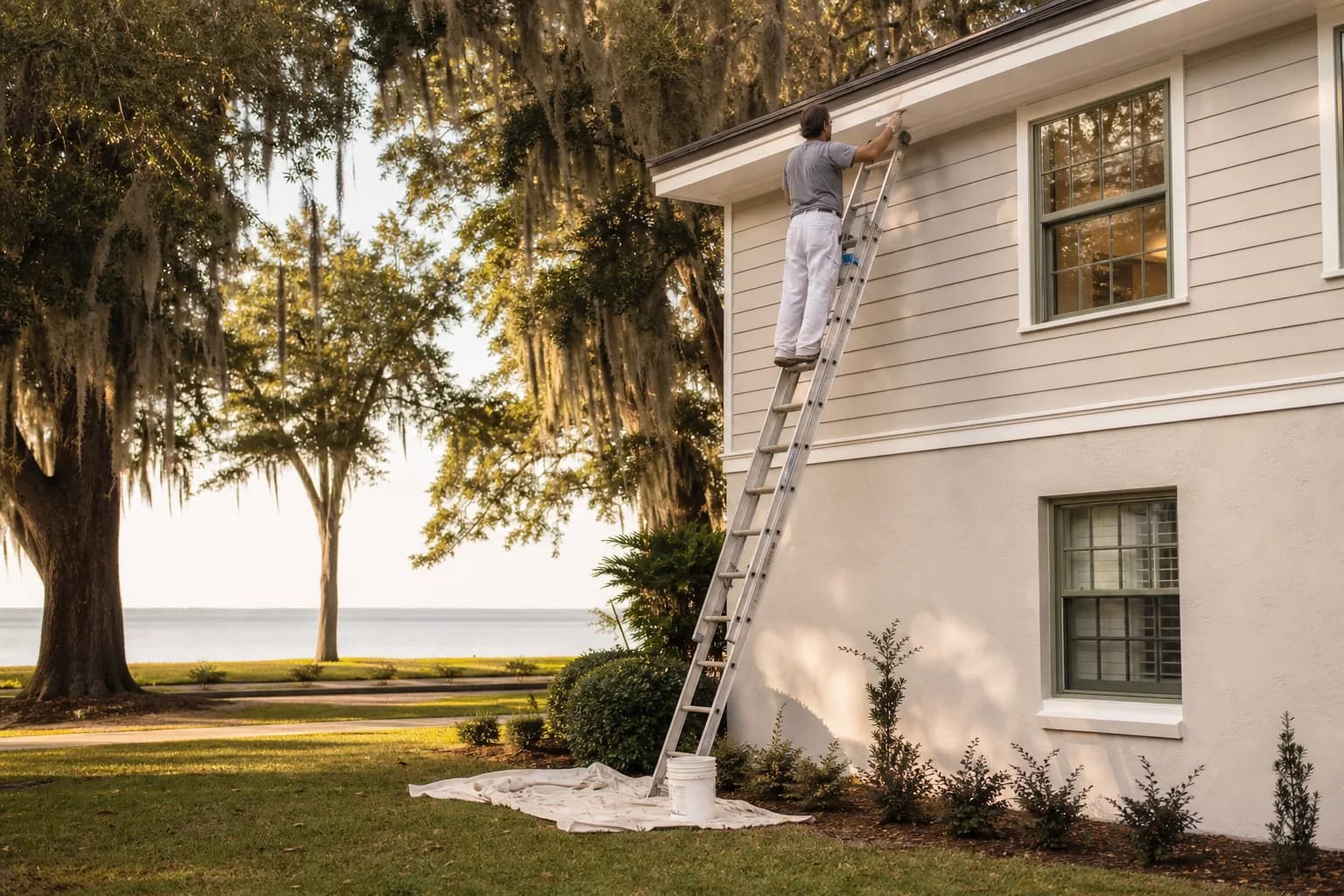 House painter on a ladder cutting in white fascia on a two-story Mobile Bay home, illustrating what drives the cost to paint a house in Mobile and Baldwin County
