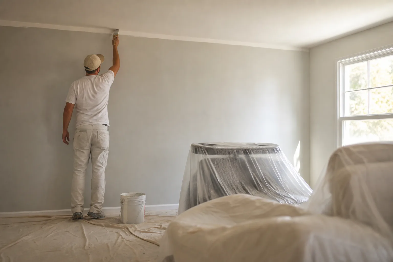 Painter cutting in a clean ceiling line in a freshly painted living room, illustrating the cost to paint a room