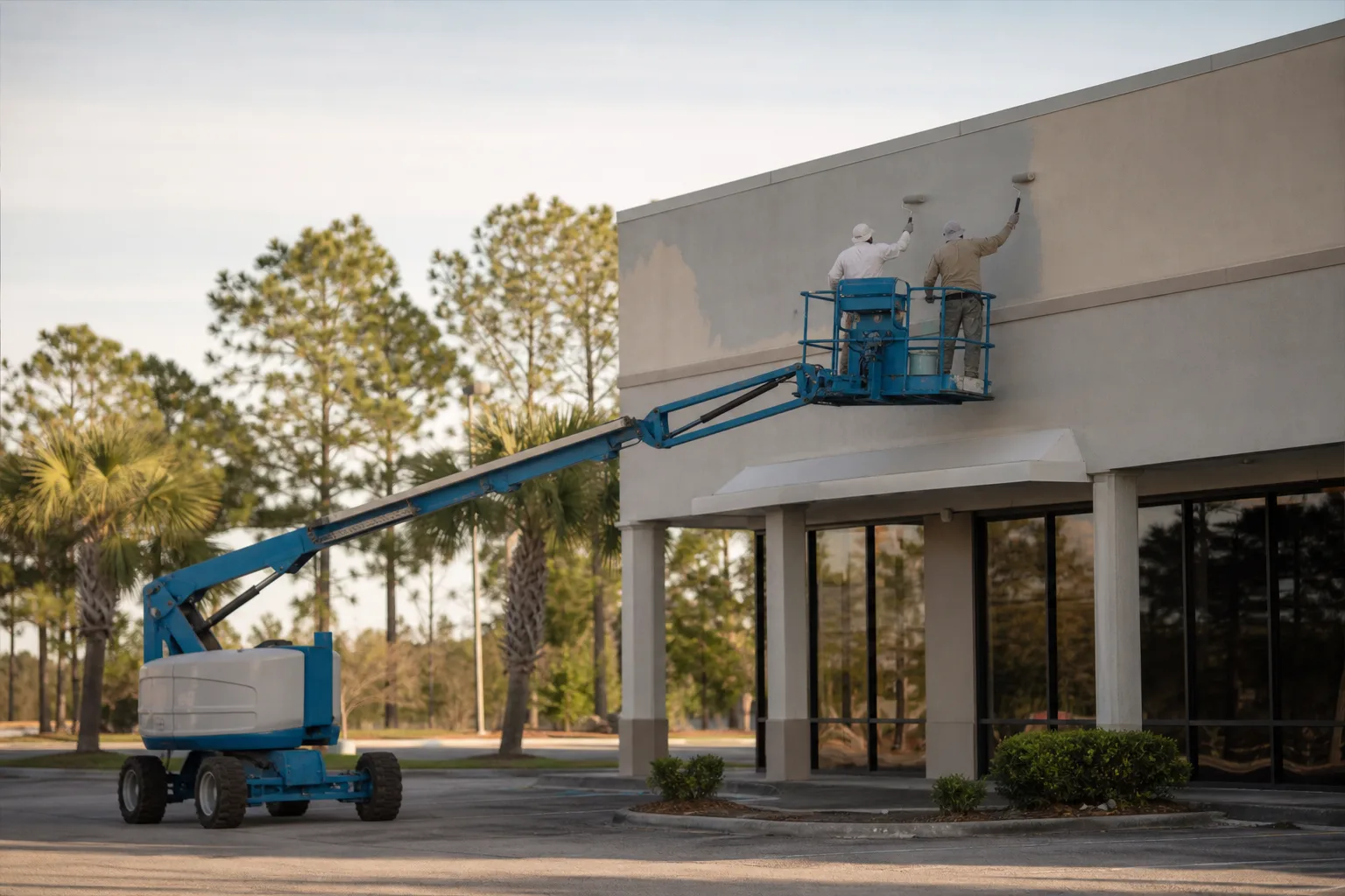 Commercial painters on a lift painting the exterior of a Gulf Coast retail building, illustrating what drives commercial painting cost