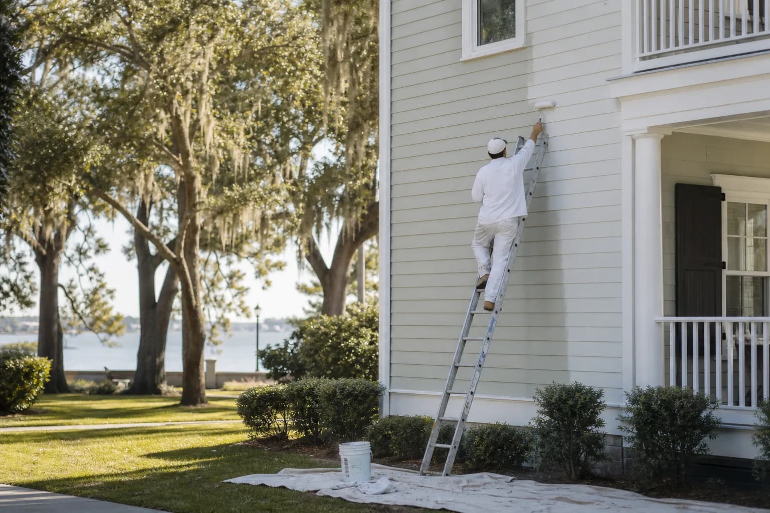 Painter on a ladder repainting the siding of a two-story Mobile Bay home, illustrating exterior painting cost in Mobile and Baldwin County