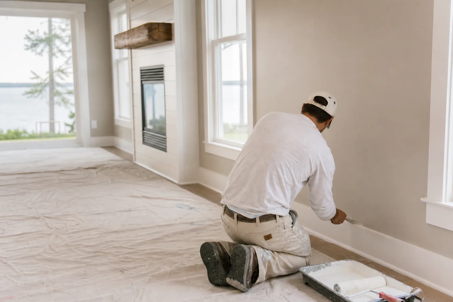 Painter cutting in trim in a bright coastal-Alabama living room, illustrating the cost to paint a house interior