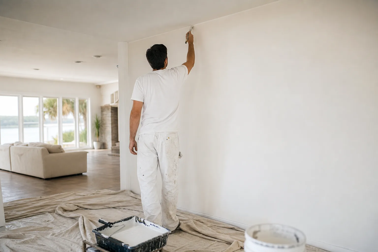 Painter cutting in a clean ceiling line in a freshly painted Gulf Coast living room interior