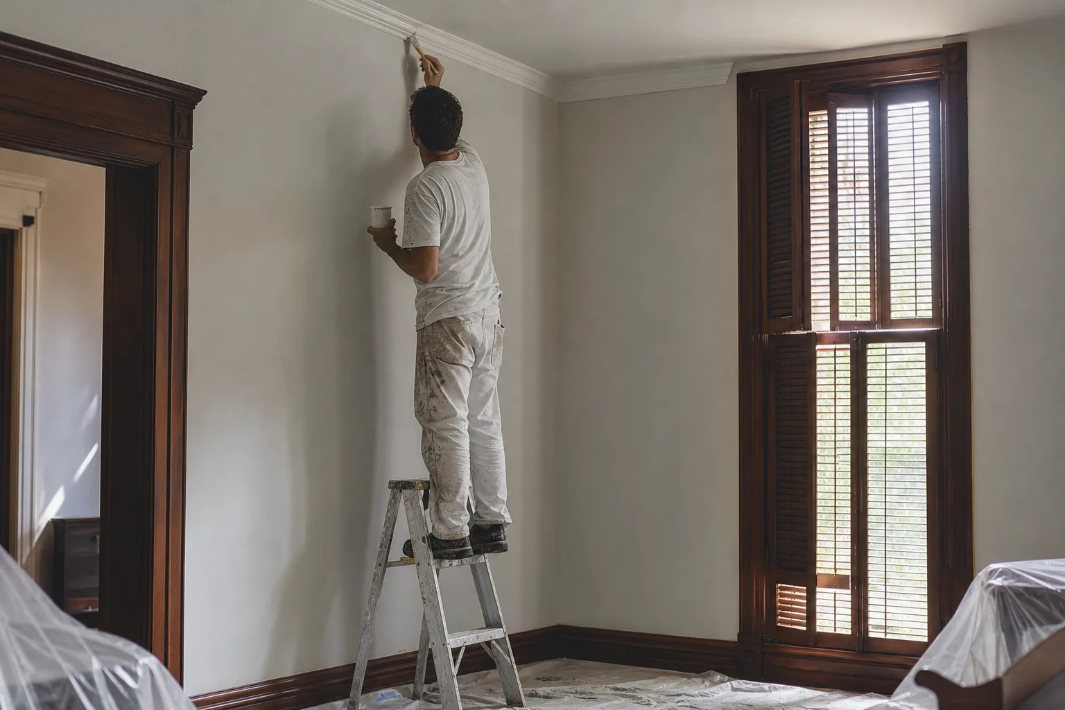 Painter cutting in crown molding in a historic Mobile, AL home, illustrating interior painting cost