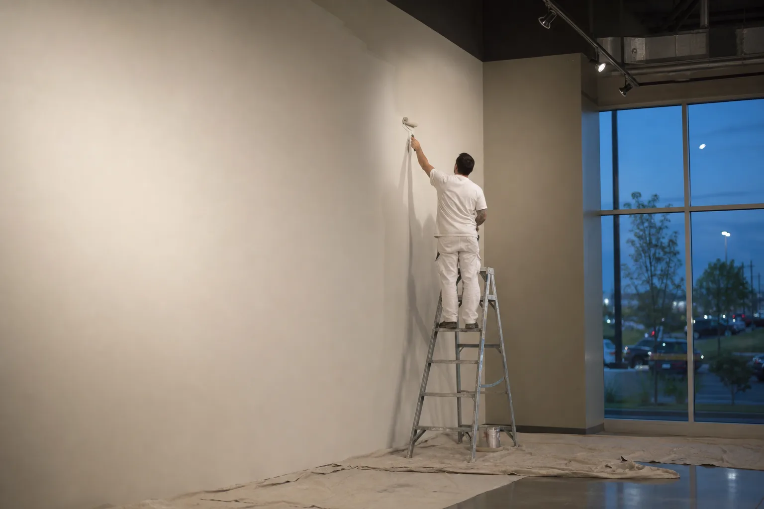 Commercial painter coating a high wall in an empty retail space after hours, illustrating the cost to paint a commercial office or storefront