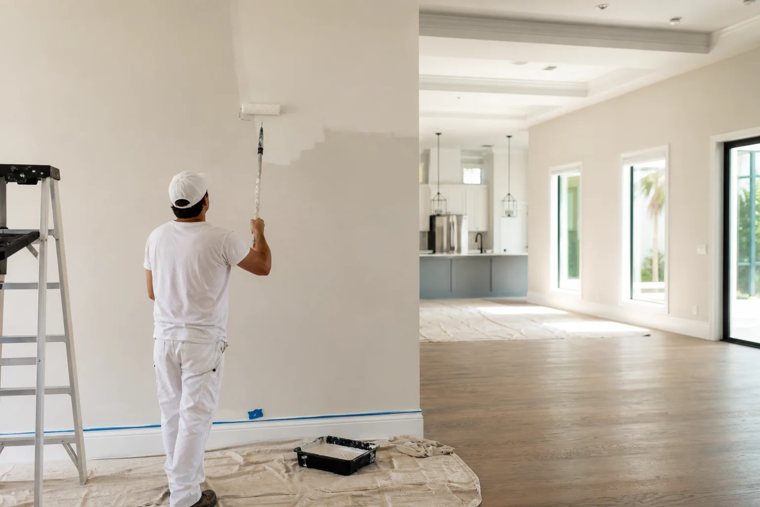 Painter rolling fresh paint in an empty whole-house interior repaint on the Gulf Coast