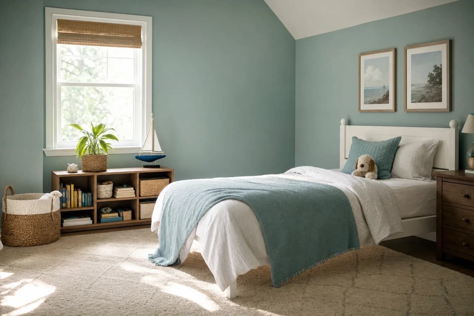 Kids' bedroom in a calm muted blue-green that suits any age