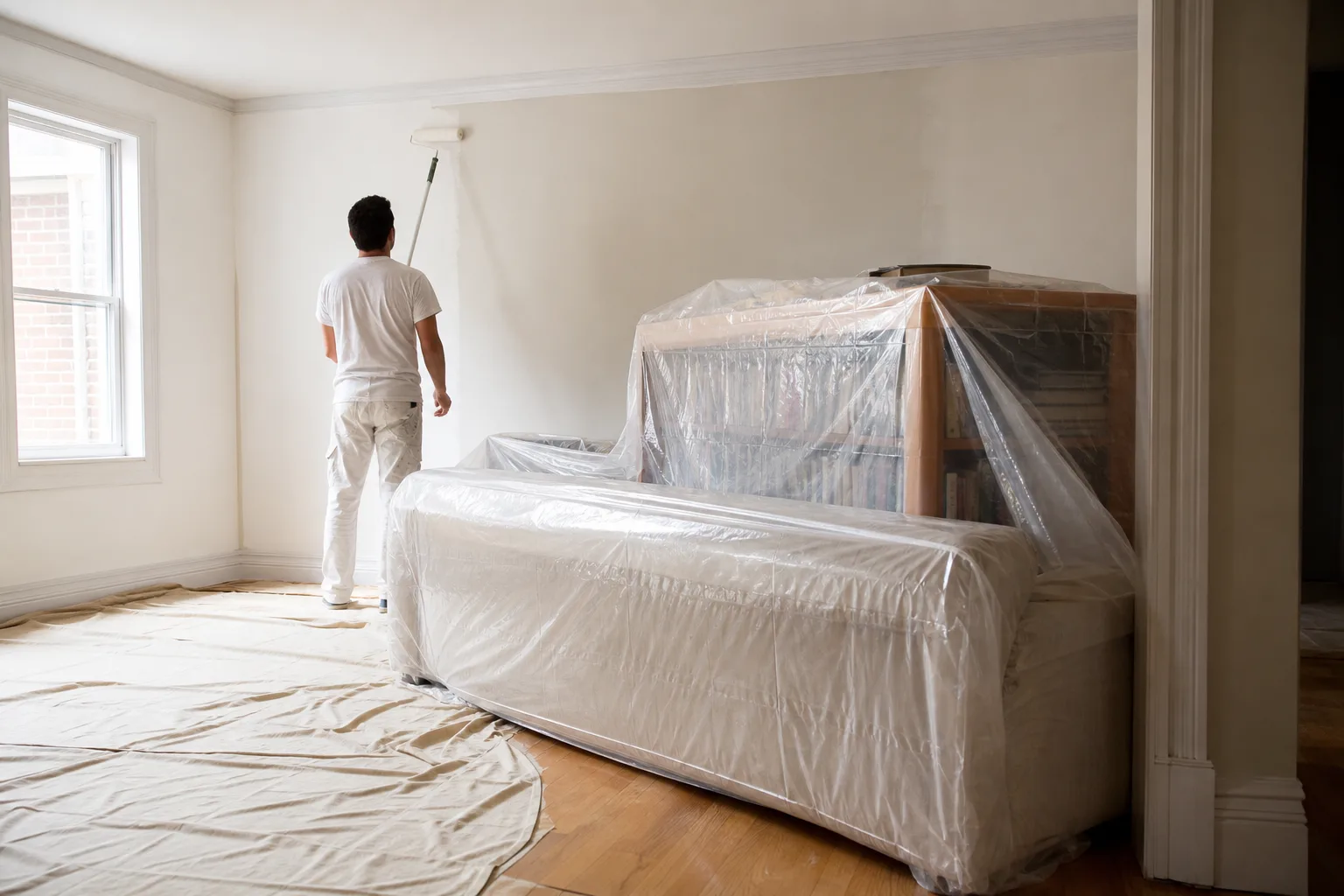 Living room furniture pulled to the center and covered in plastic with drop cloths on the floor during an interior paint job