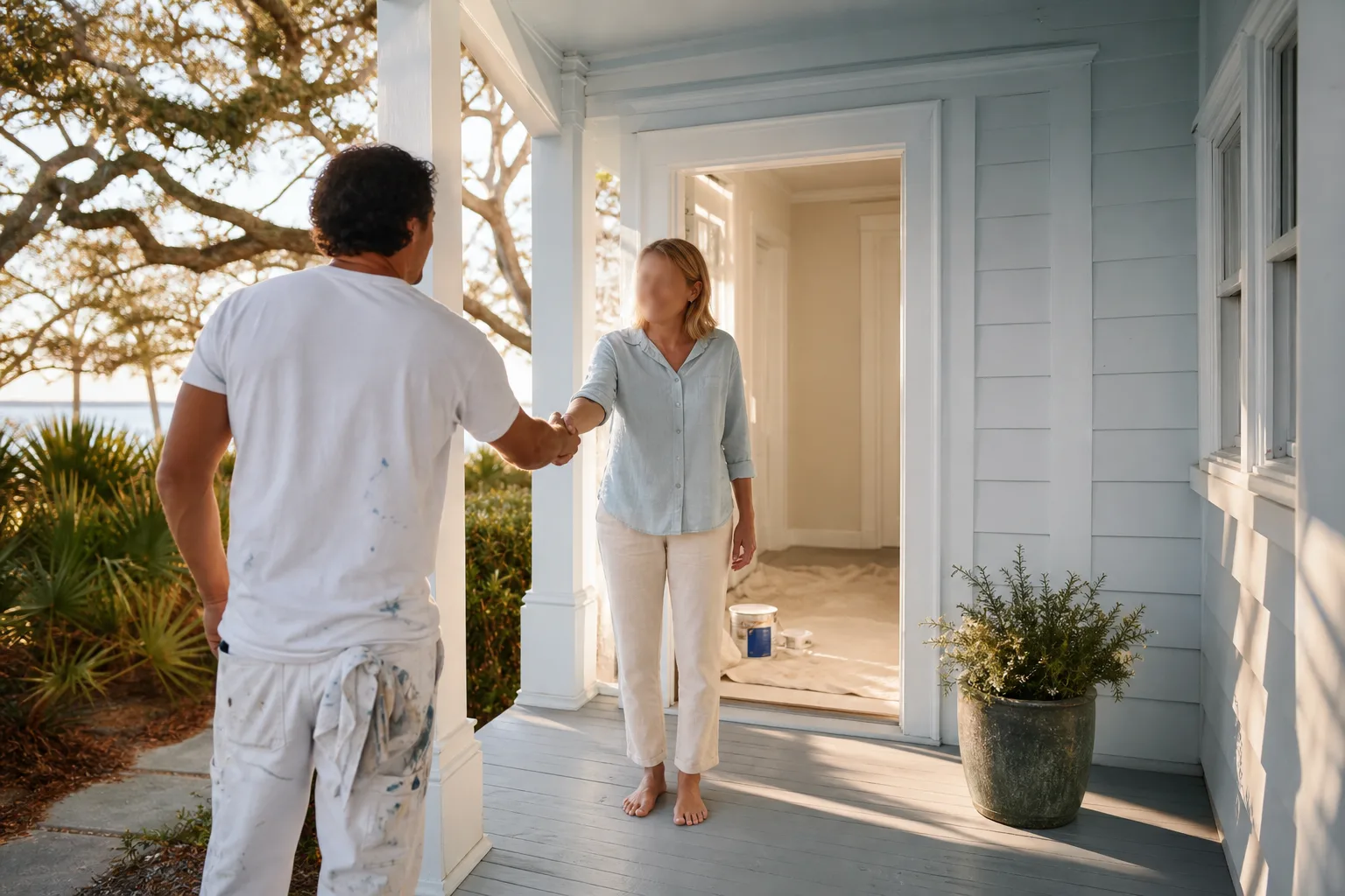Homeowner and painter shaking hands on the porch of a freshly painted home after the final inspection