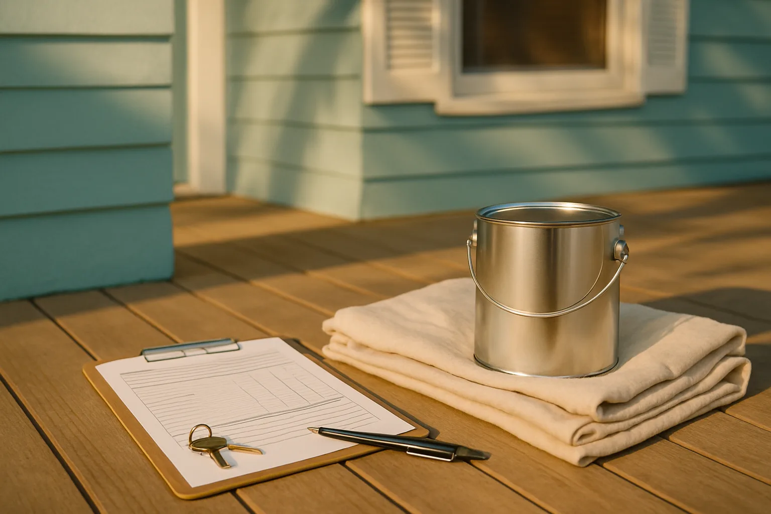 A final painting invoice, house keys, and a paint can on the porch of a freshly painted Gulf Coast home, illustrating when to pay a painter