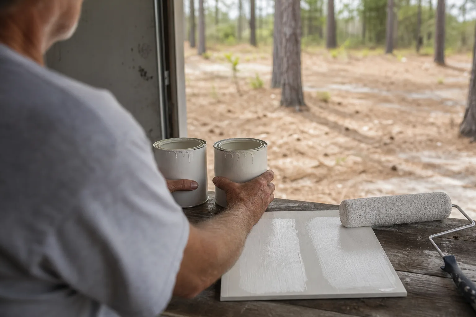 Painter comparing a budget and a premium paint can on a workbench with test patches drying, illustrating whether expensive paint lasts longer