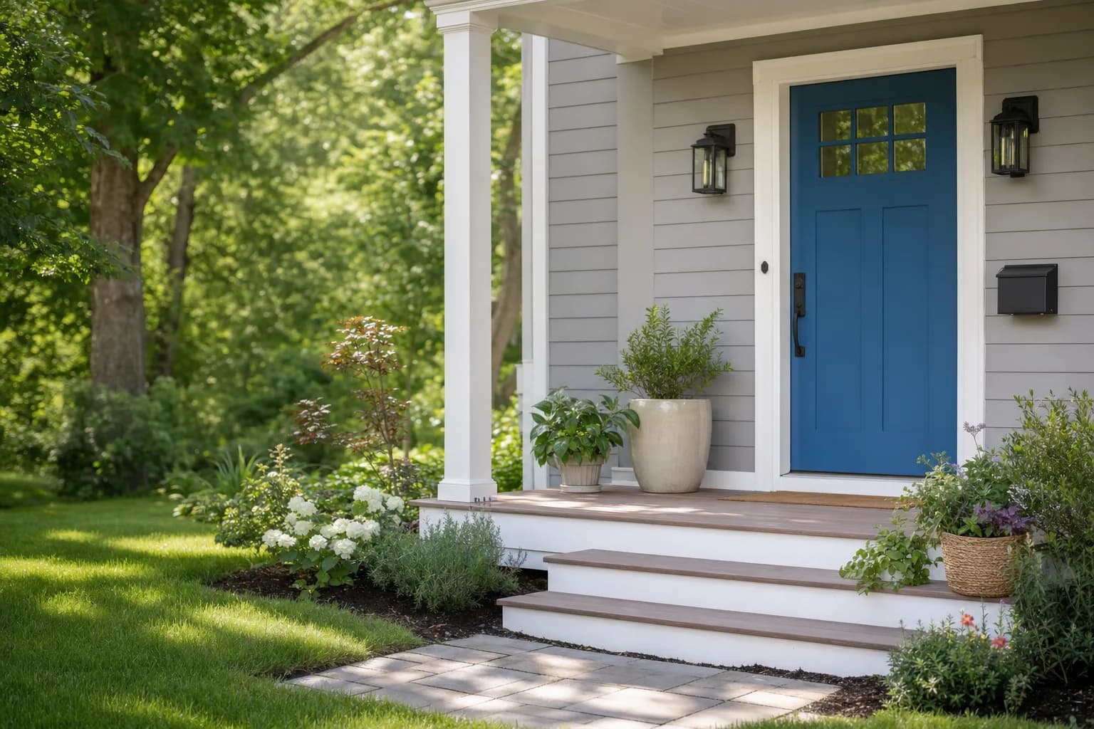 Freshly painted, welcoming front entry of a tidy home