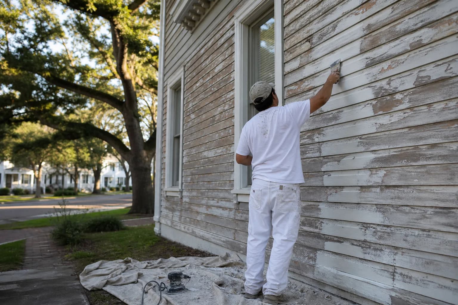 Painter prepping weathered siding by scraping and sanding before paint, showing why painting prep cost exceeds the paint