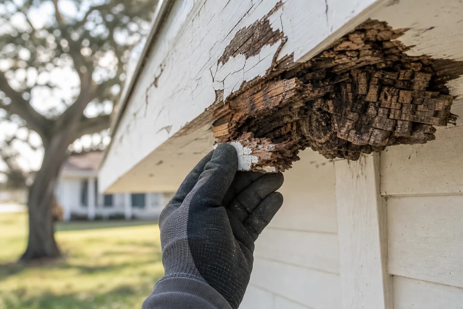 Comparing dry rot and wet rot on a piece of decayed exterior wood trim on a Gulf Coast home