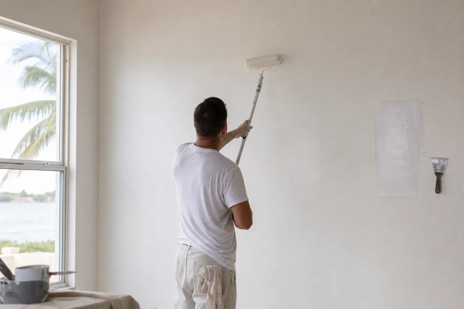 One crew rolling paint over a texture-matched, primed drywall repair so the patch disappears into the wall