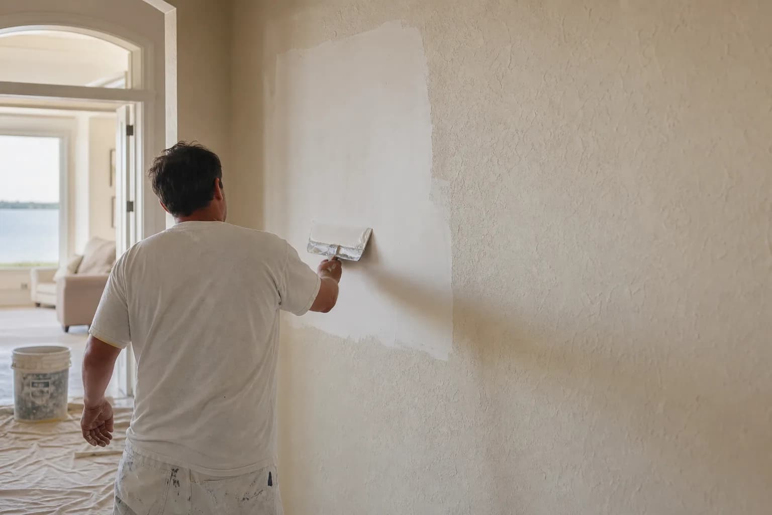 Drywall repair and texture matching: feathering joint compound over a patch on a Gulf Coast wall