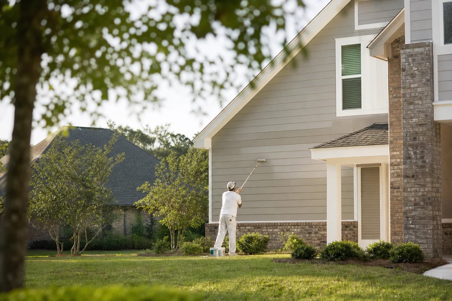 Painter rolling fresh HOA-approved exterior paint on a Daphne subdivision home under warm Eastern Shore light