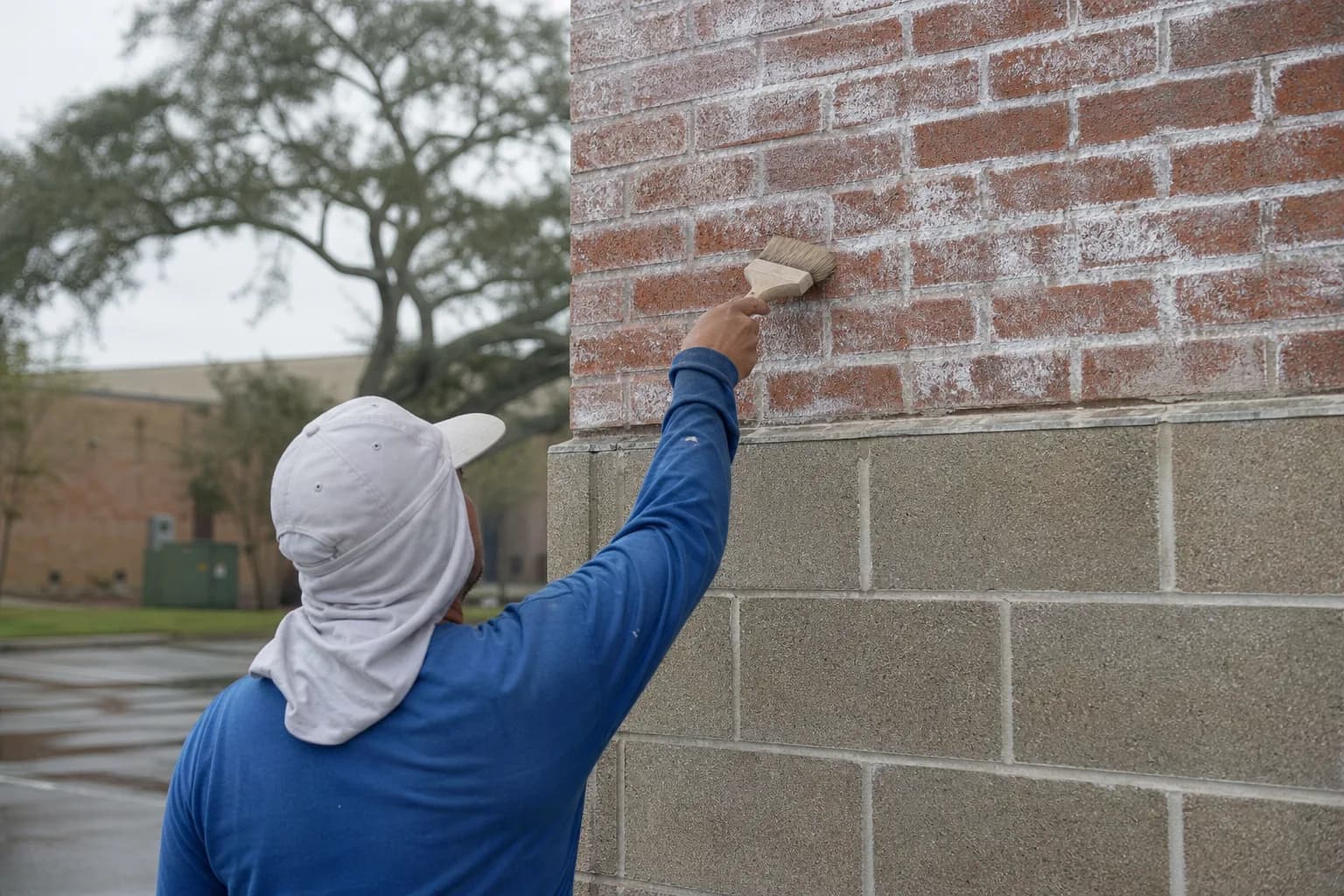 Painter brushing white efflorescence salt deposit off a Gulf Coast brick and block masonry wall before painting