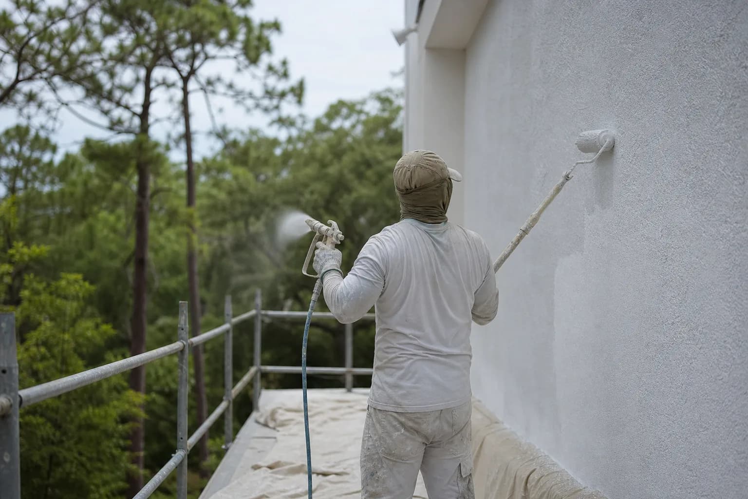 Painter spraying and back-rolling elastomeric coating onto a textured stucco masonry wall on the Gulf Coast