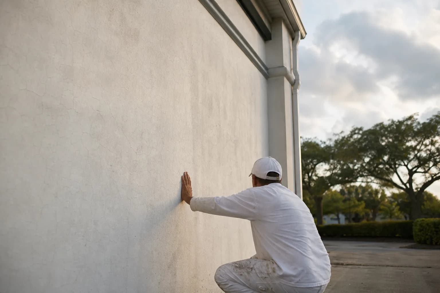 Painter inspecting hairline cracking on a Gulf Coast stucco wall to decide when to use elastomeric coating