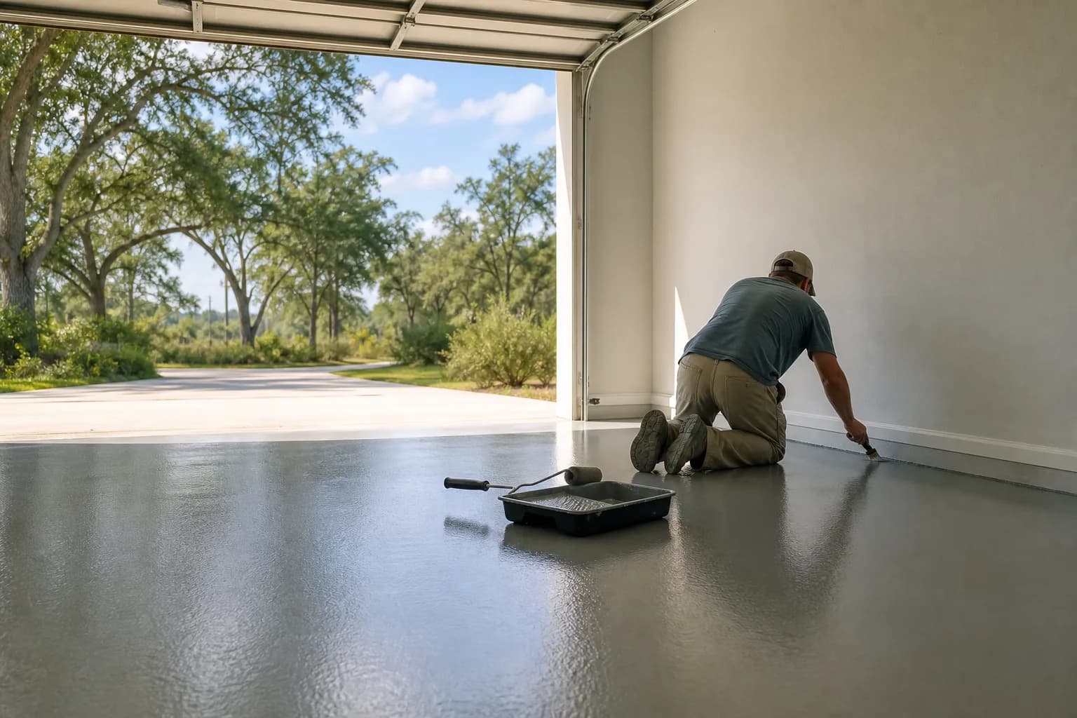 Freshly painted gray concrete garage floor in a coastal Alabama home with the roll-up door open