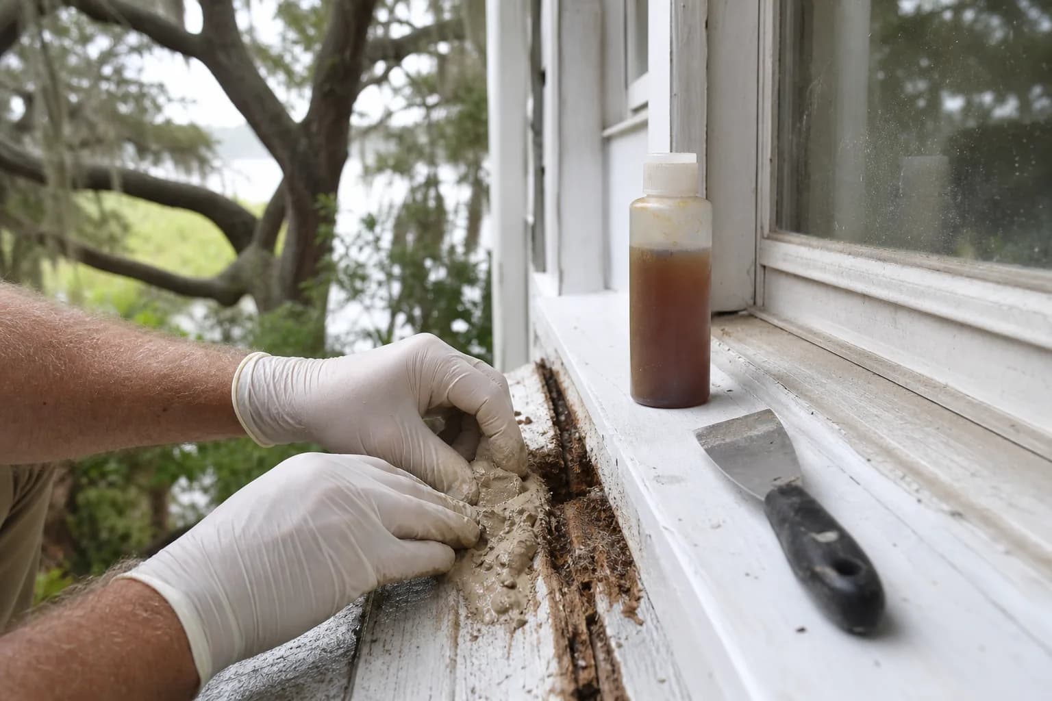 Epoxy wood repair on a rotted window sill, consolidant and structural filler on a Gulf Coast home