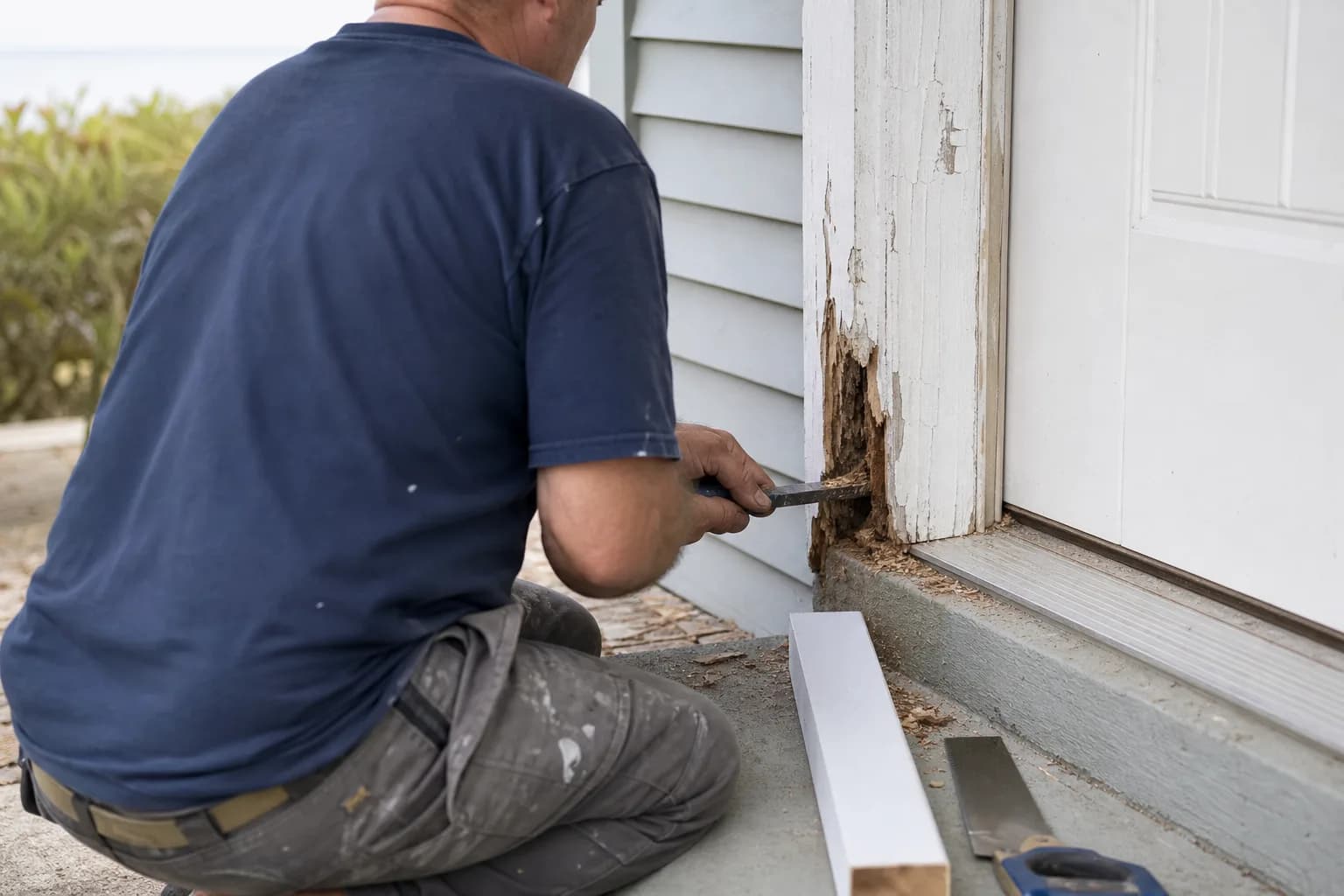 Repairing a rotted exterior door frame and threshold at the base before repainting on a coastal home