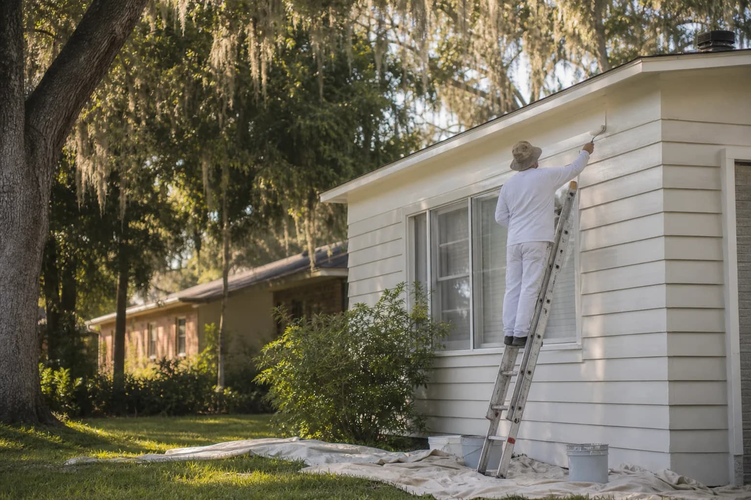 Painter prepping and repainting the siding of an older Mobile, Alabama home, illustrating what drives exterior house painting cost in Mobile