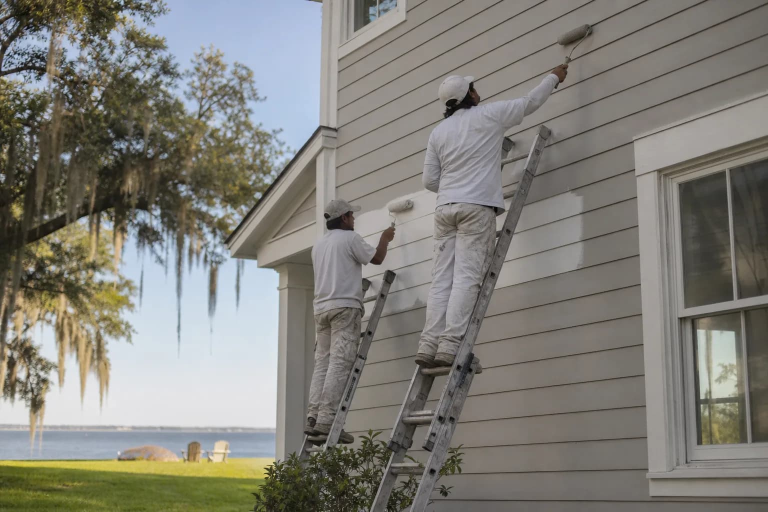 Exterior house painting on a coastal Mobile Bay home — painters rolling fresh paint on lap siding and white trim