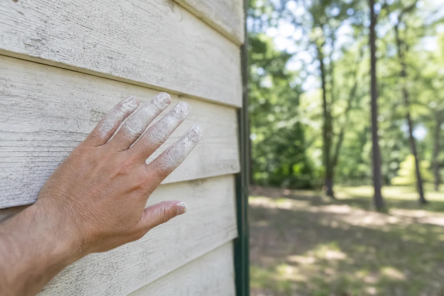 A hand wiping chalky white powder off sun-faded exterior siding on a Gulf Coast home