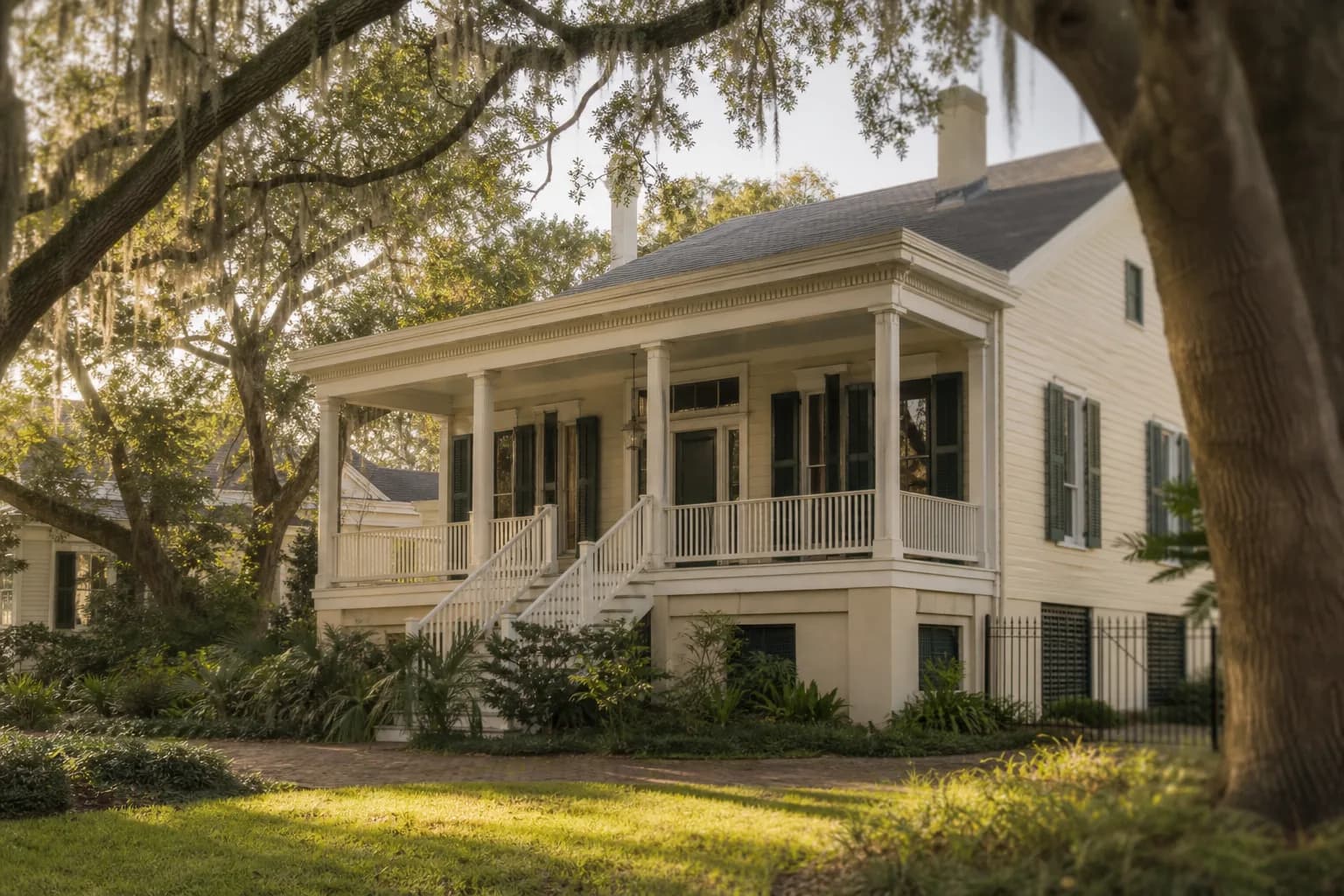 Restored antebellum raised Creole cottage in Mobile's Oakleigh Garden Historic District with a period exterior paint scheme