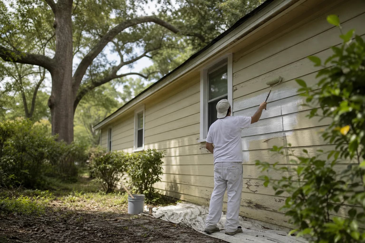 Painter repainting the sun-exposed wood siding of an older Mobile, AL home, illustrating exterior paint lifespan