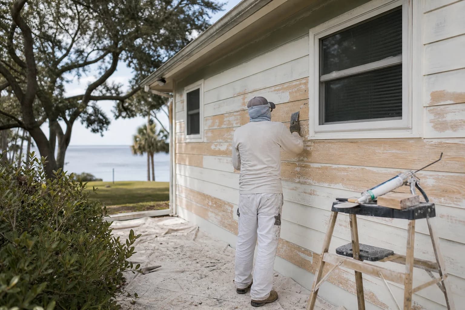 Painter scraping loose paint from wood siding during exterior paint prep on a Gulf Coast home