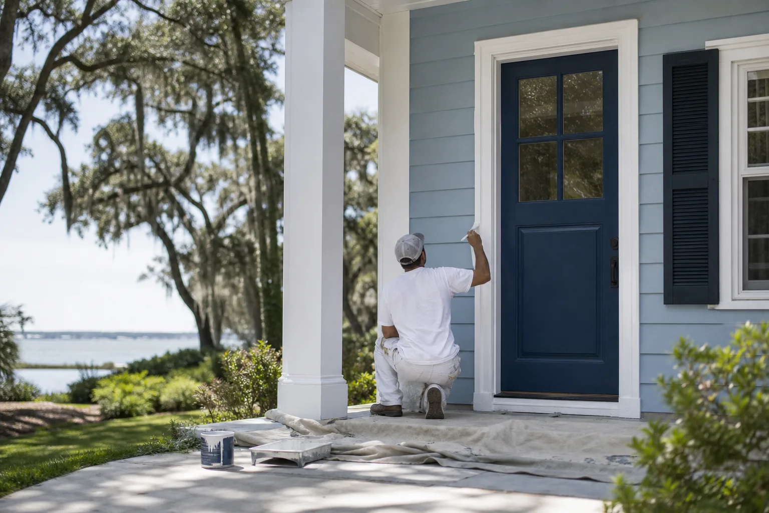 A Gulf Coast home being repainted with satin siding and semi-gloss trim and door, illustrating how exterior paint sheen changes by surface.