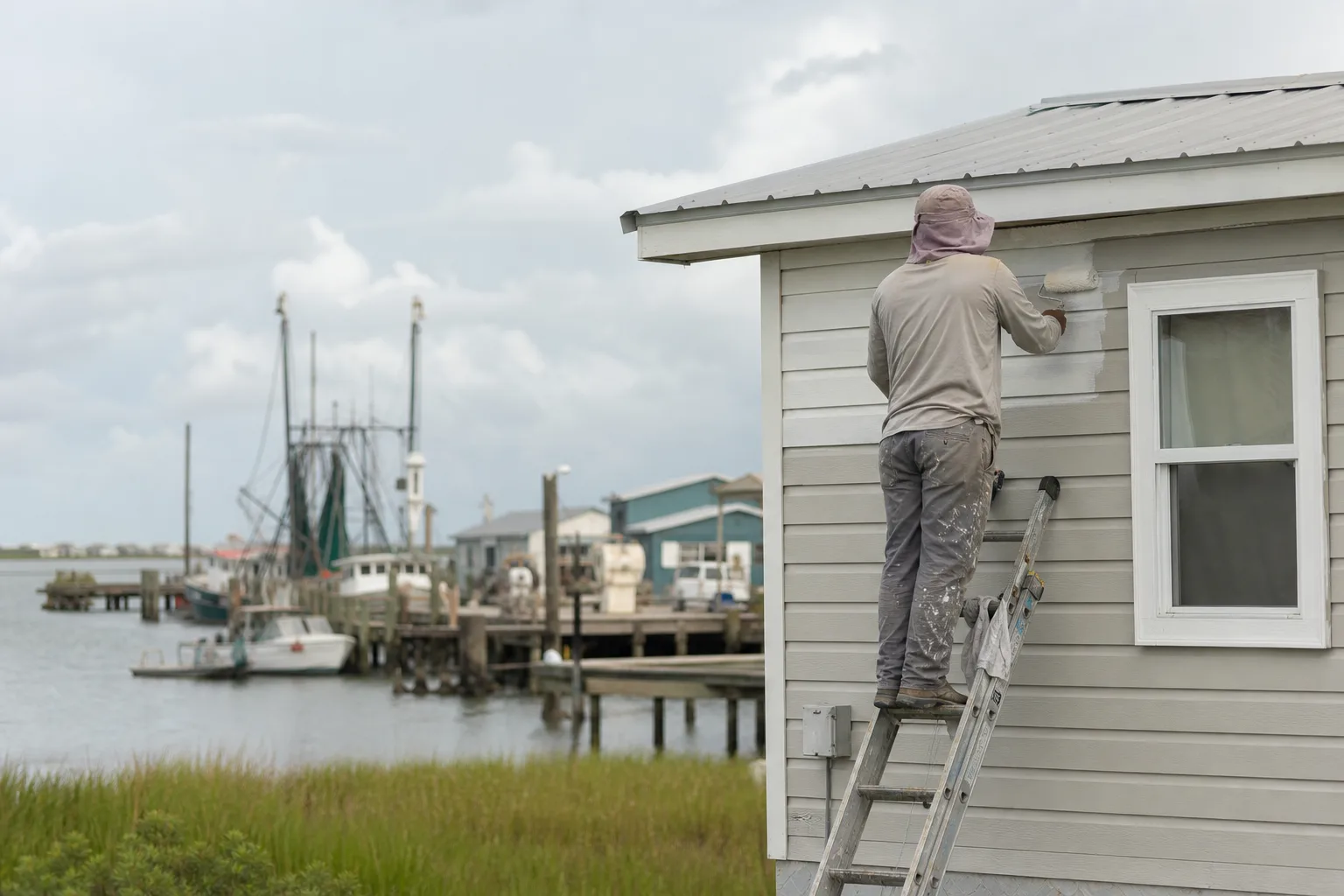 Exterior painter coating a waterfront home in Bayou La Batre, AL, where salt air and flooding demand durable prep