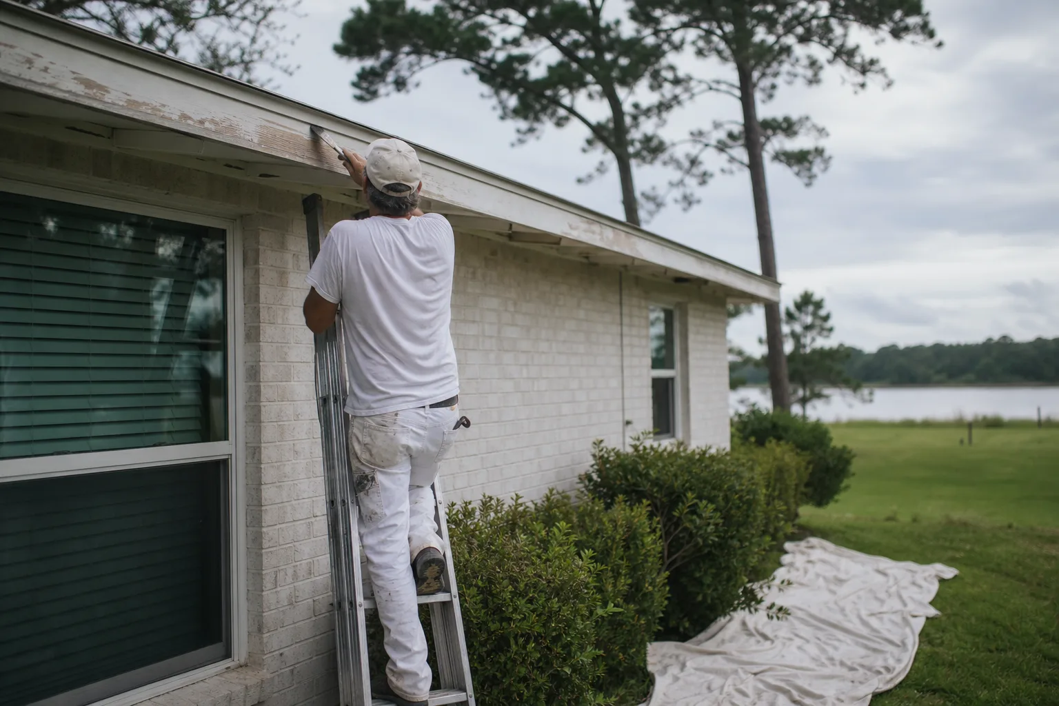 Exterior painter prepping and priming the wood trim of an older mid-century home in Chickasaw, Alabama