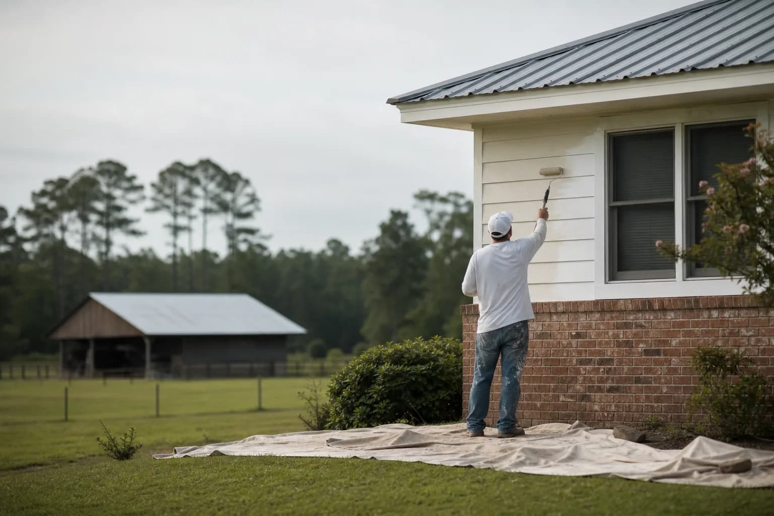 Exterior painter working on a rural home on acreage in Grand Bay, southwest Mobile County