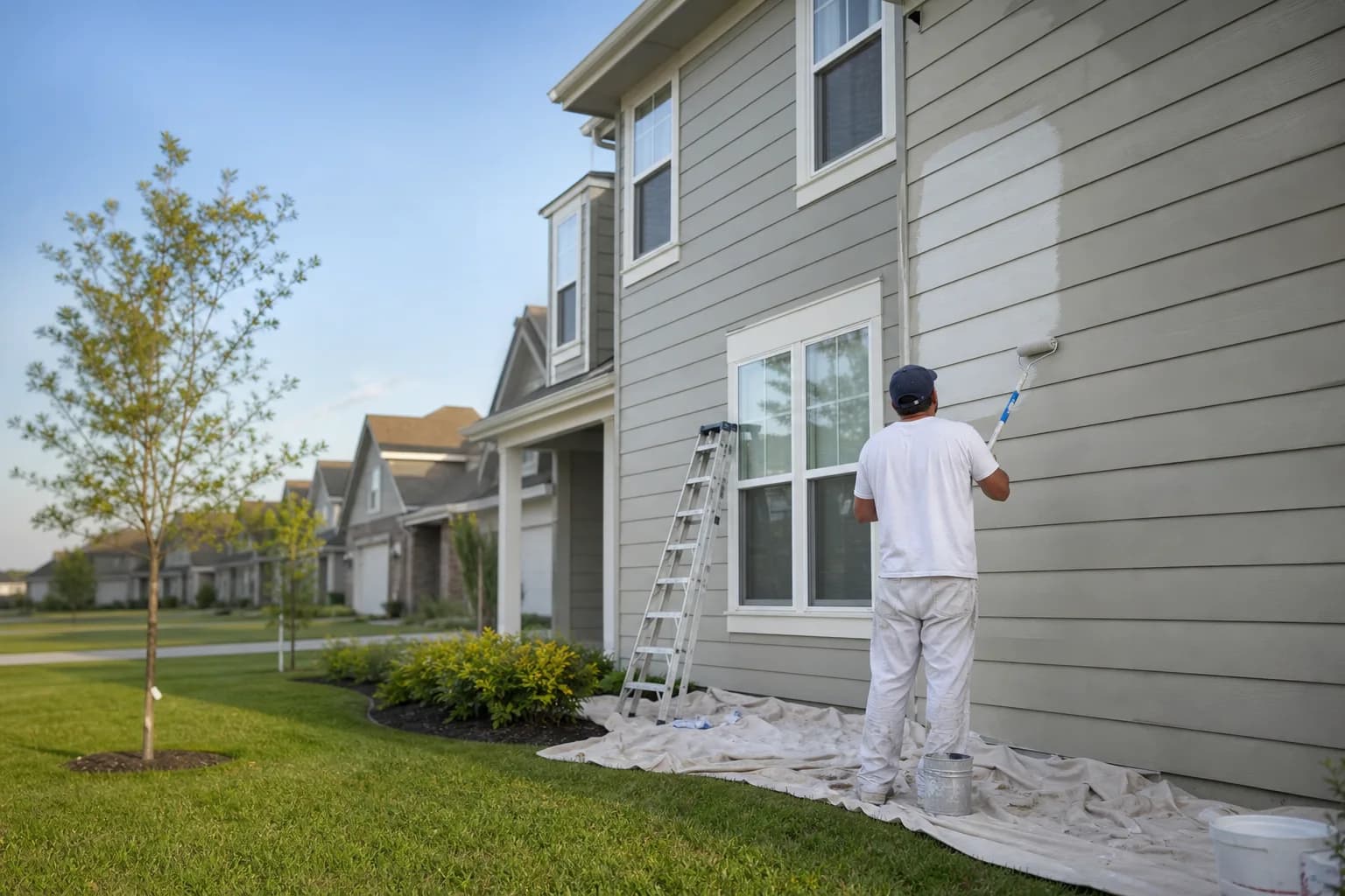 Exterior painter repainting the fiber-cement siding of a newer two-story home in a Saraland subdivision