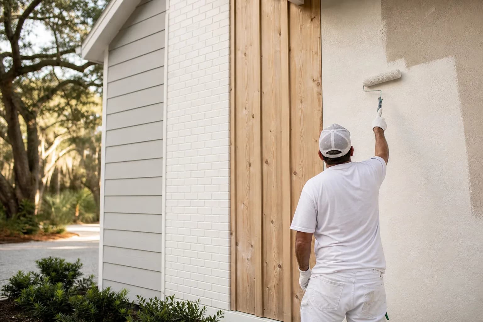 Four exterior siding materials — fiber cement, brick, wood, and stucco — illustrating how exterior painting cost varies by siding type