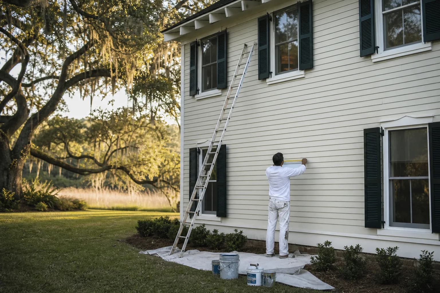 Painter measuring the exterior wall area of a two-story home, illustrating how exterior painting cost per square foot is figured