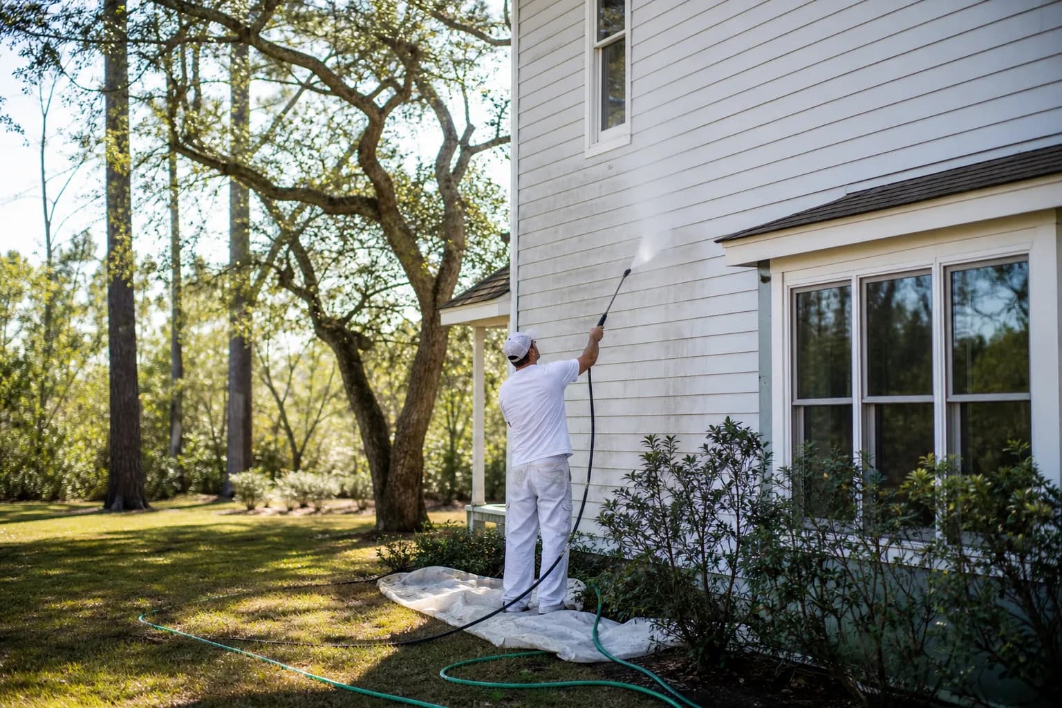Exterior painting prep on a Gulf Coast Alabama home, the foundation of a long-lasting repaint