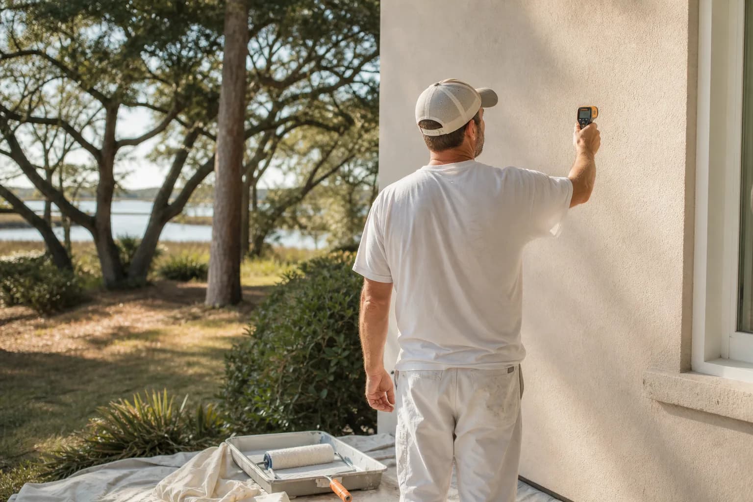 Painter checking the surface temperature of an exterior wall before painting, illustrating temperature and humidity rules for Gulf Coast exteriors