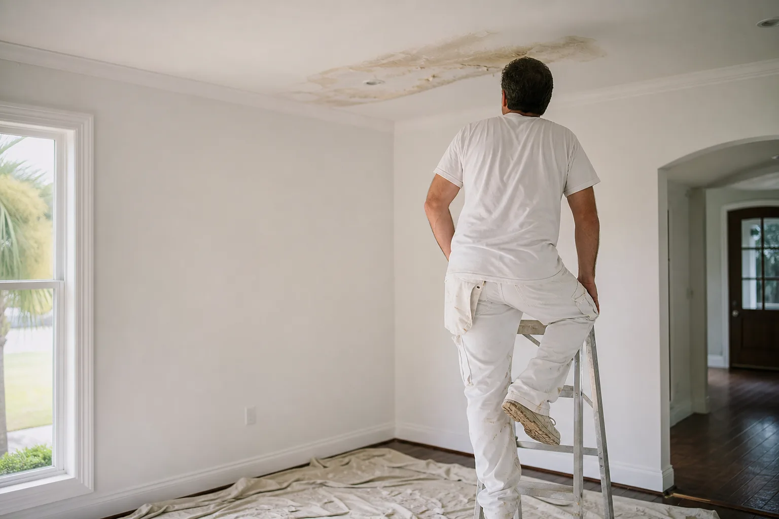 Brown water stain and sagging drywall on a ceiling being assessed for repair