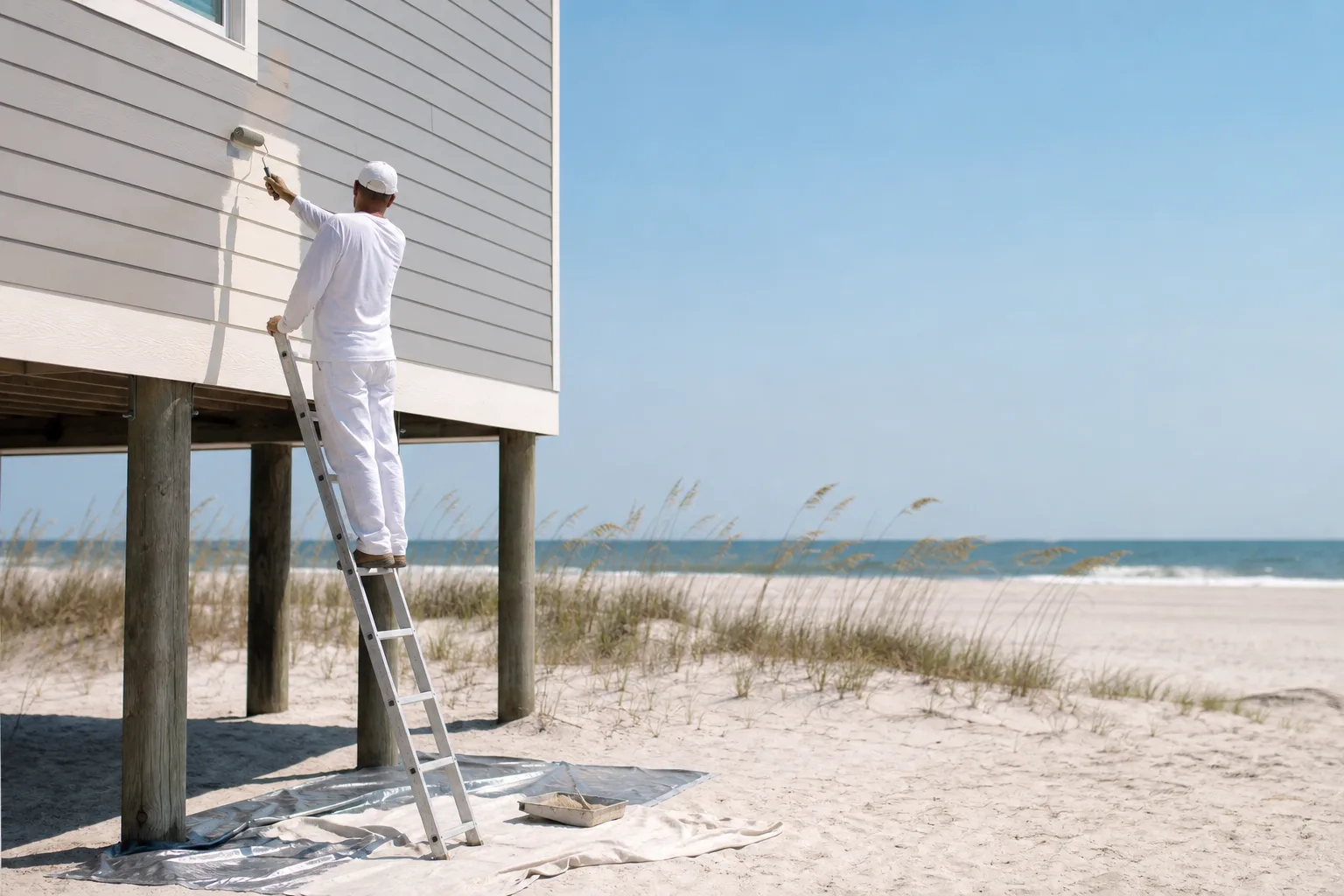 Painter applying durable exterior finish to an elevated piling beach house on the Fort Morgan peninsula salt-spray zone