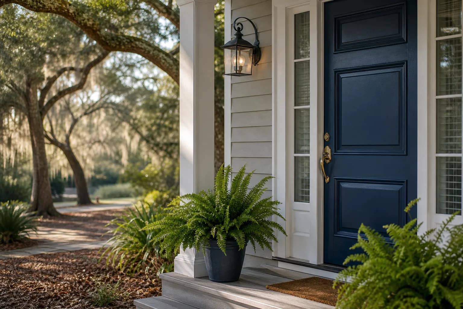 Deep navy front door with white trim on a Gulf Coast cottage, illustrating front door color ideas that pop on coastal homes