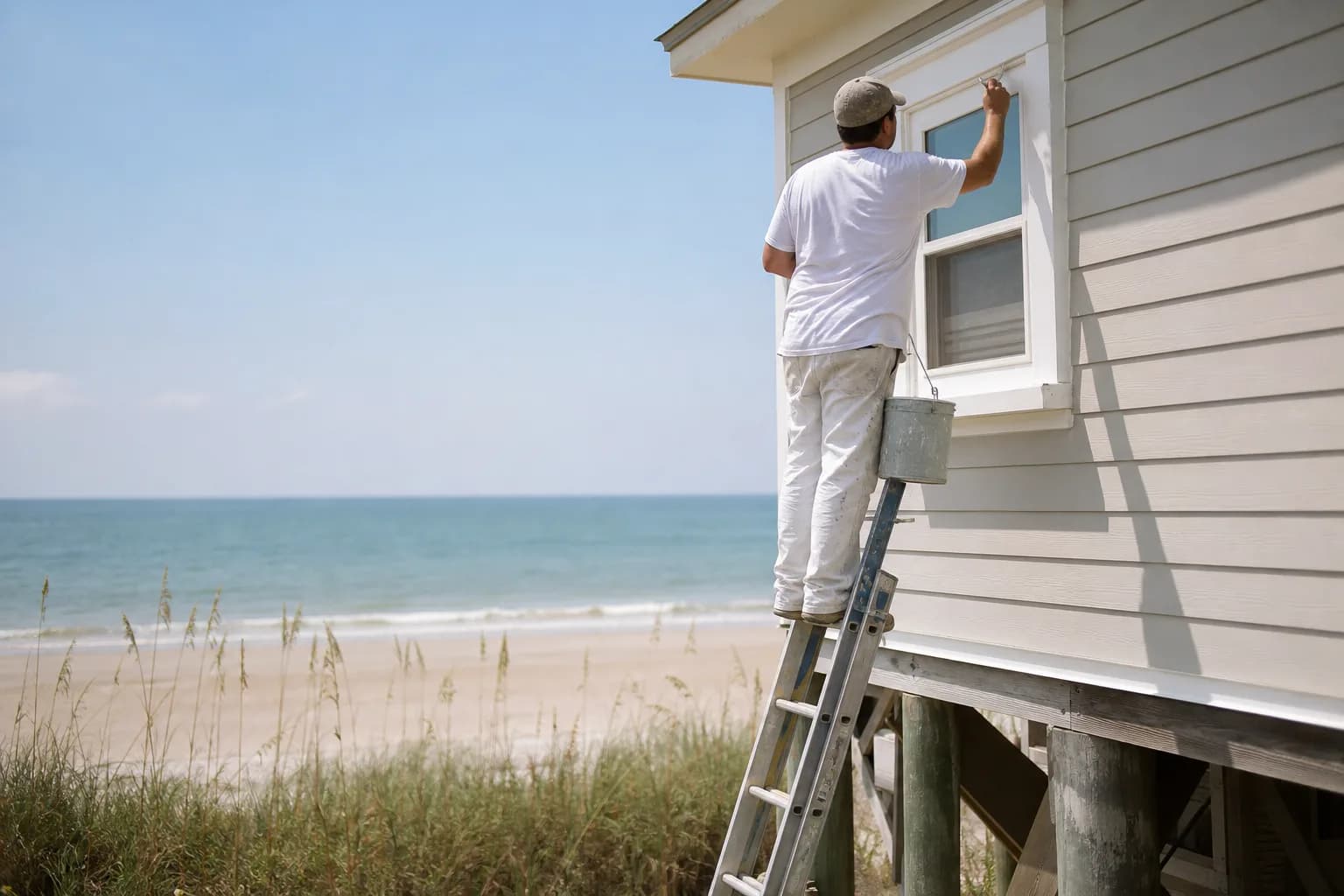 Painter doing coastal exterior painting on a Gulf-front beach house in Gulf Shores