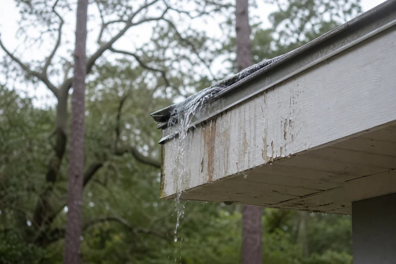 Overflowing gutter staining and rotting the wooden fascia board behind it on a Gulf Coast home
